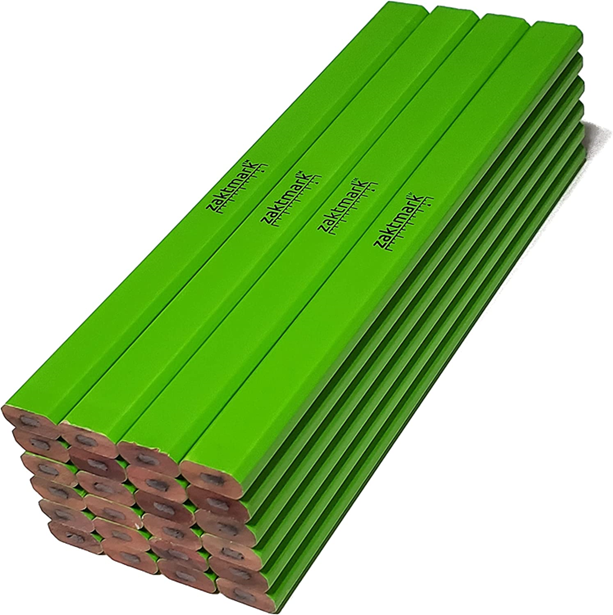 A pile of unsharpened green Zaktmark carpenter pencils.