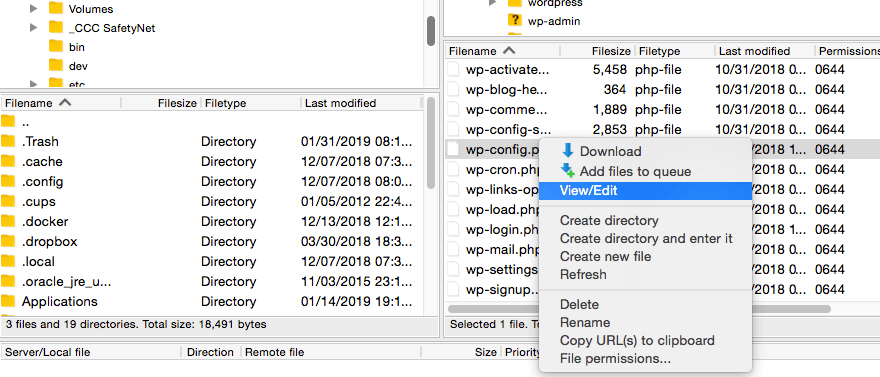 Seleccionar el archivo wp-config.php para editarlo a través de FTP.