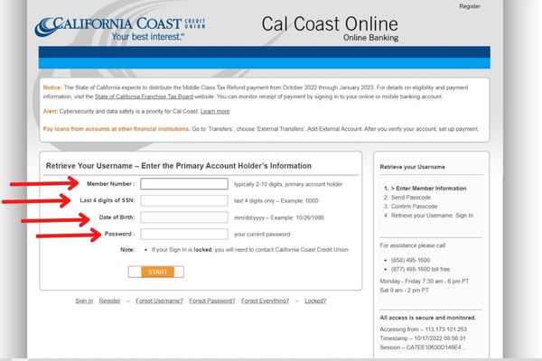 Recovery user id of California Coast Credit Union account