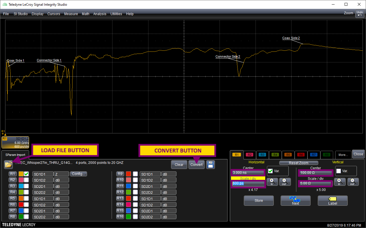 Teledyne LeCroy Signal Integrity Studio interface with TE Connectivity’s backplane loaded and important controls highlighted