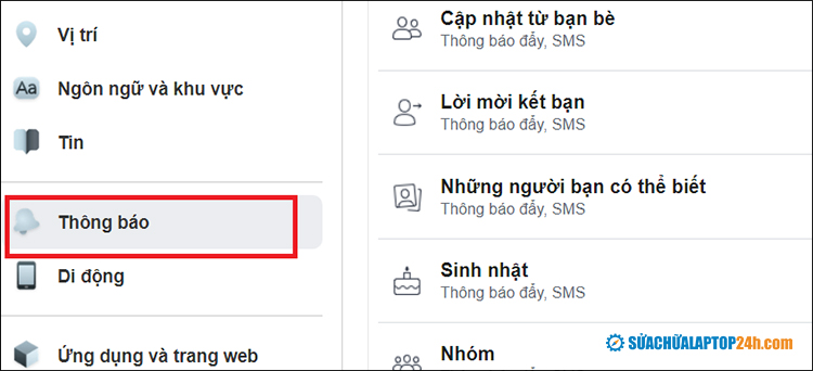 Click chọn mục thông báo