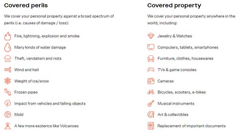 A list showing perils covered by renters insurance. Renters insurance covers theft from your car.