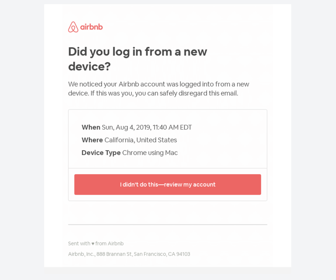 Transactional email examples: Airbnb security notification email