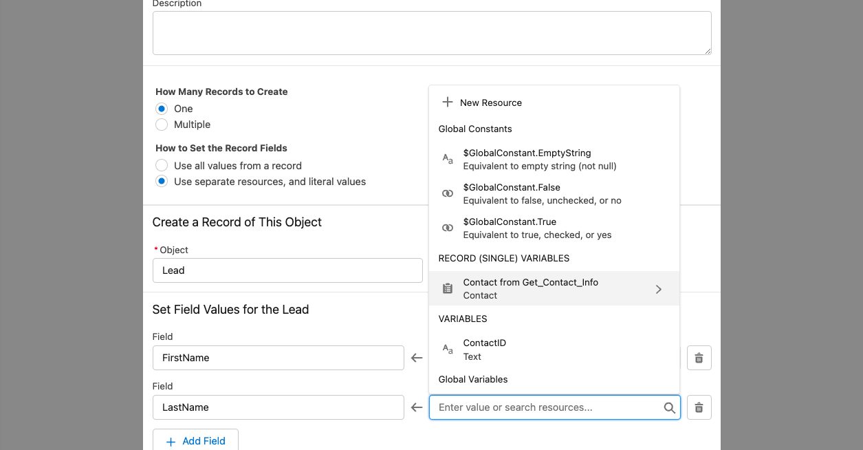 Set variables in the Create records Element in Salesforce