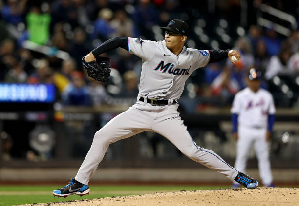 Jesus Luzardo of the Miami Marlins delivers a pitch in the first inning against the New York Mets at Citi Field on September 28, 2023 in the Flushing...