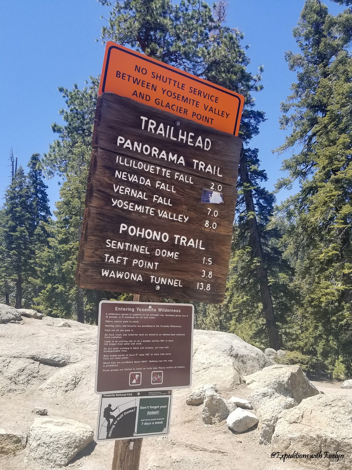 Trailhead marker for the Panorama Trail noting distances to various landmarks, including Illilouette Fall at 2.0 miles.