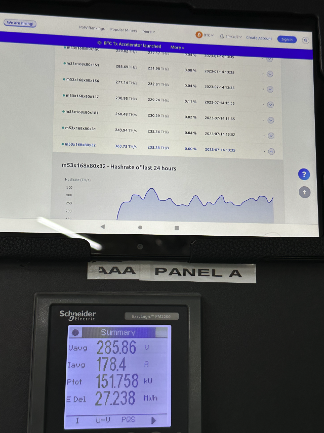 whatsminer M53 hydro cooled being overclocked and achieved over 360TH in real-time performance hashrate