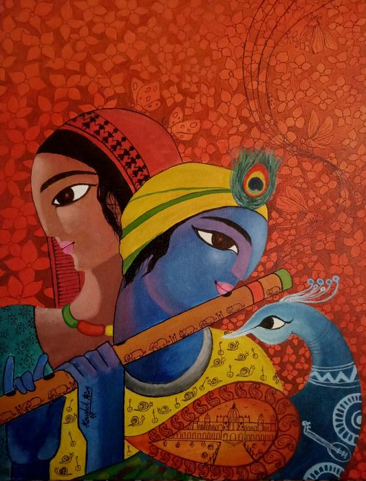 Radha with Krishna with flute Paintings In Abstract style
