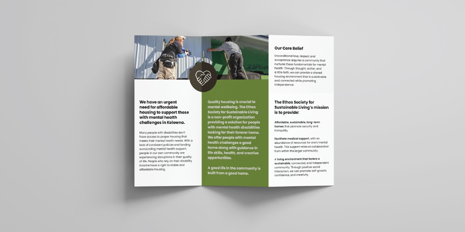 Image of an unfolded brochure designed by OXD to support Design day for Good, on a grey background.