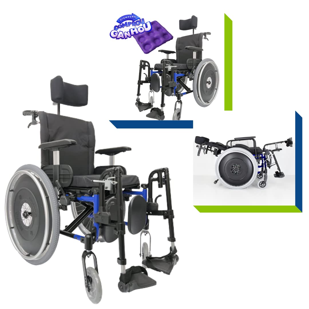 Cadeira de Rodas Reclinável Alumínio Dobr Duplo X Ortomobil Pneu Inflável (AZUL, 44)