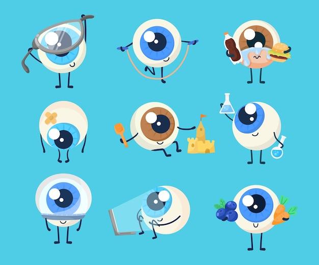 Free vector cute eyeball character cartoon illustration set. sad and sick eye or human organ holding carrot, blueberry and fast food, looking at laptop screen, wearing eyeglasses, exercising. eyesight concept