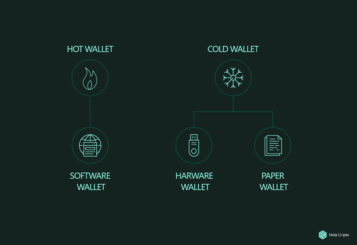 Diagramma che spiega la differenza tra hot wallet e cold wallet e le varie tipologie.