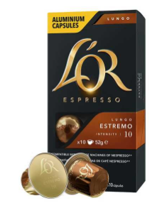 Cápsula de Café Espresso Lungo Estremo L'or, embalagem preta com detalhes em marrom escuro