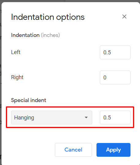 hanging indent in google docs using align and indent method