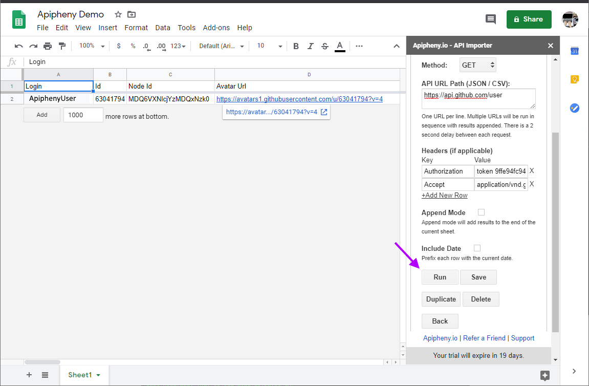 Connect Github To Google Sheets [API Integration] Apipheny