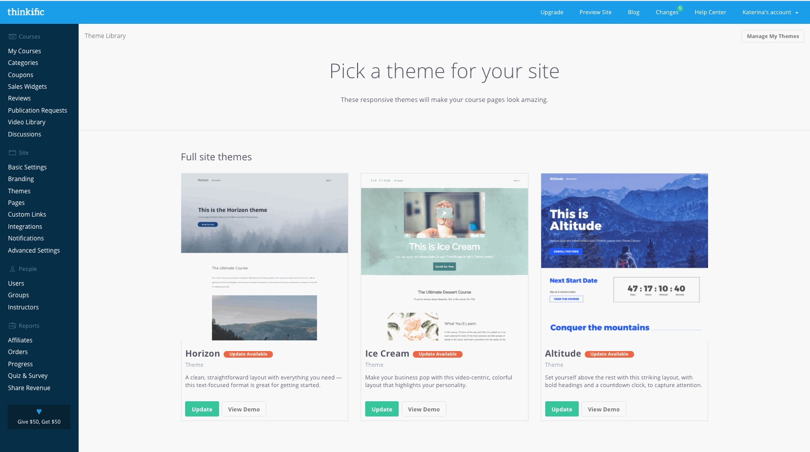 Select a theme for your Thinkific site