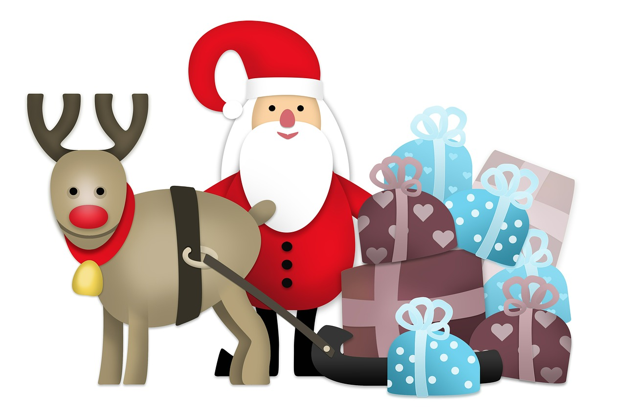 Santa Clause, a Reindeer and a bunch of presents 