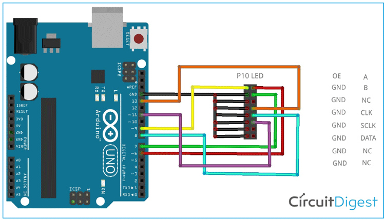 Arduino P10 LED Display Based Digital Notice Board Circuit Diagram