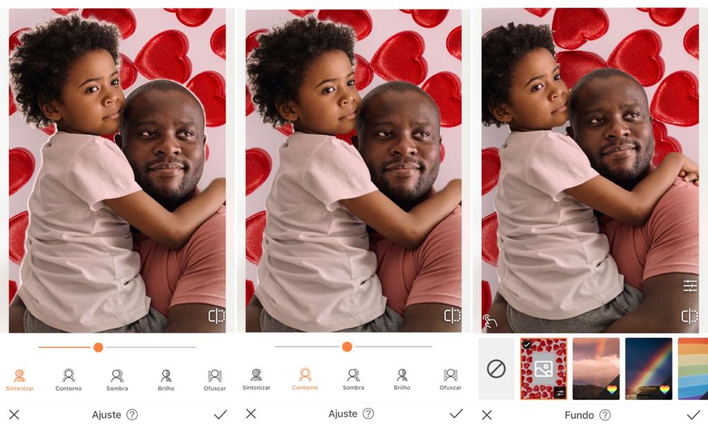 Foto de um pai negro segurando sua filha no colo sendo editada pelo AirBrush com a ferramenta Fundo
