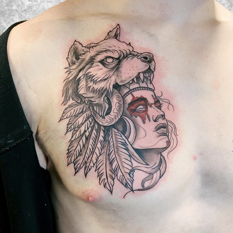 Female Warrior And Wolf Tattoo