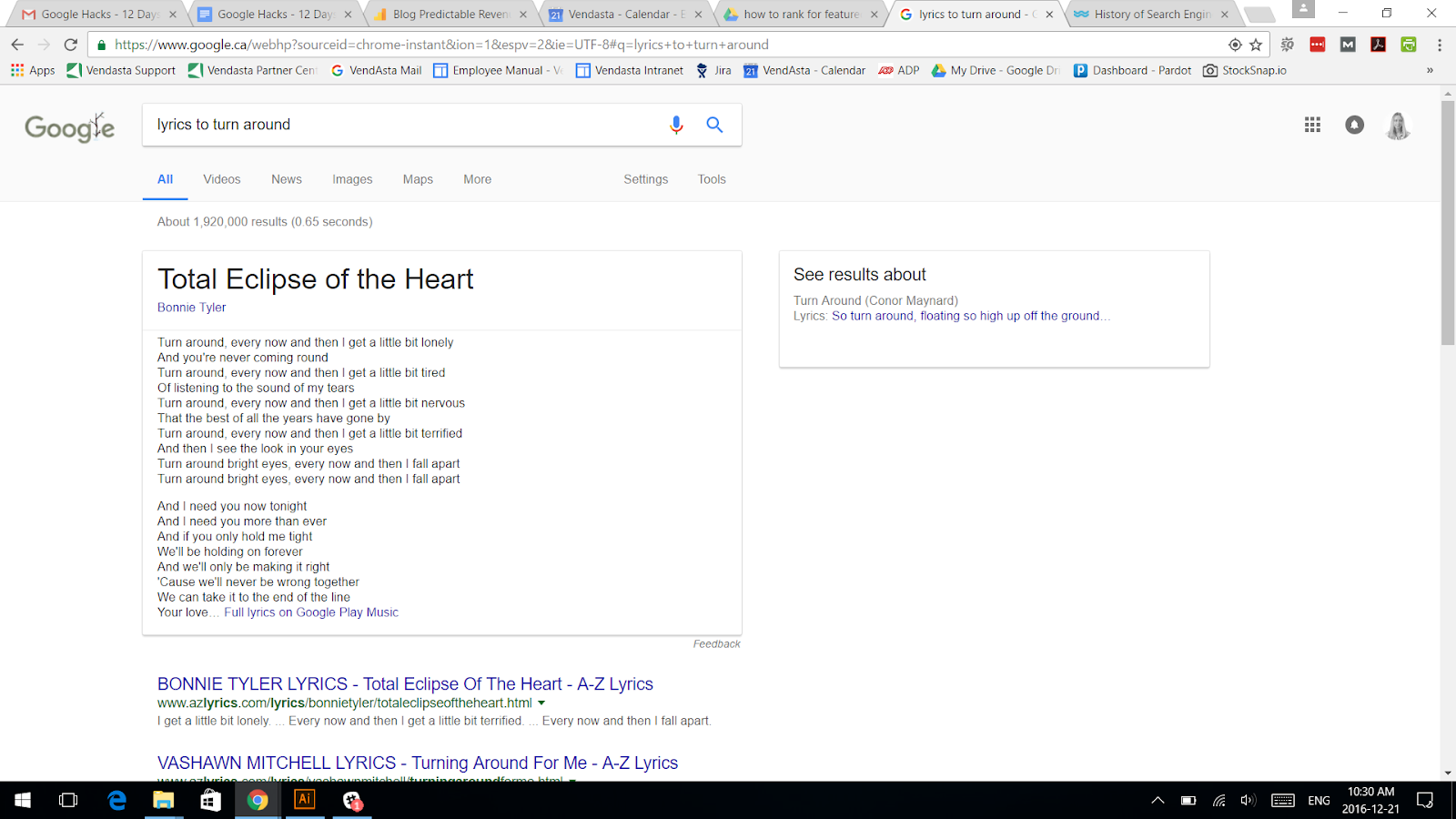 Screenshot of search result for “lyrics to turn around”, with the lyrics to Bonnie Tyler’s Total Eclipse of the Heart as a result.