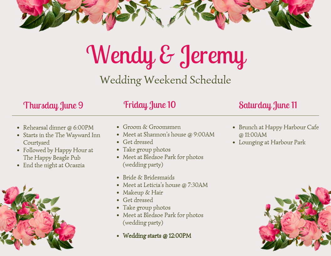 Pink Flower Wedding Weekend Schedule Template
