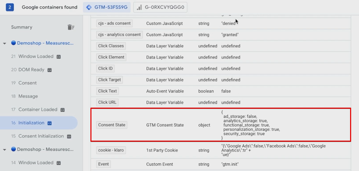 Ads consent is denied while Analytics consent is granted. It reflects on the initialization section of the GTM preview window