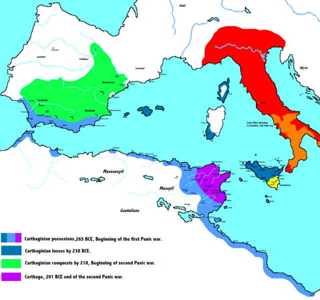 Mapa del decreciente imperio cartaginés en el transcurso de las Guerras Púnicas.