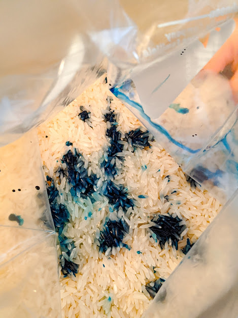Food coloring being dropped into a bag of white long grain rice inside of a gallon Ziploc bag. 