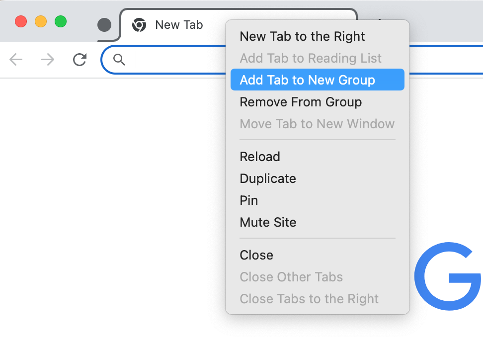 Image shows tab right click menu with Add Tab to New Group selected.