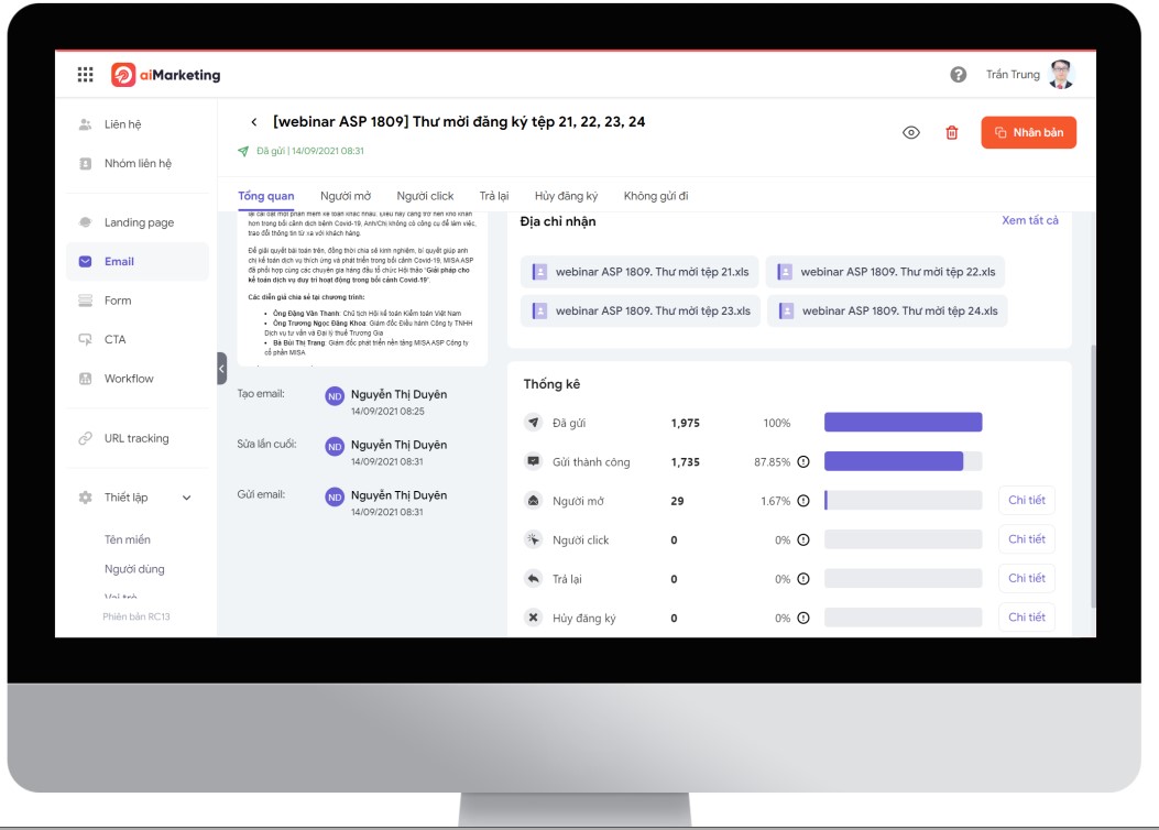 báo cáo hiệu quả email marketing trên aiMarketing