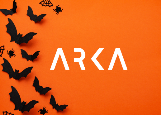 Halloween at Arka, orange background, black Arka logo on right, multi size black bats on left