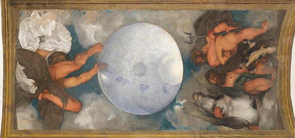 Giove, Nettuno e Plutone (Allegoria della creazione alchemica) Jupiter, Neptune and Pluto (Allegory of the alchemical creation), by Michelangelo Merisi known as Caravaggio, 1597 - 1598 about, 16th Century, oil on wall, cm 300 x 180.