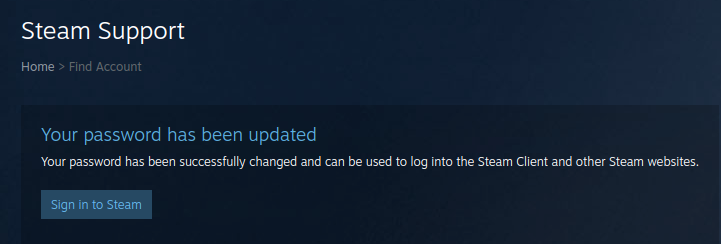 Screenshot of a successful password reset attempt