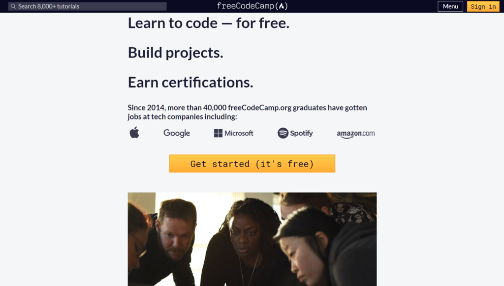 La page d'accueil du FreeCodeCamp