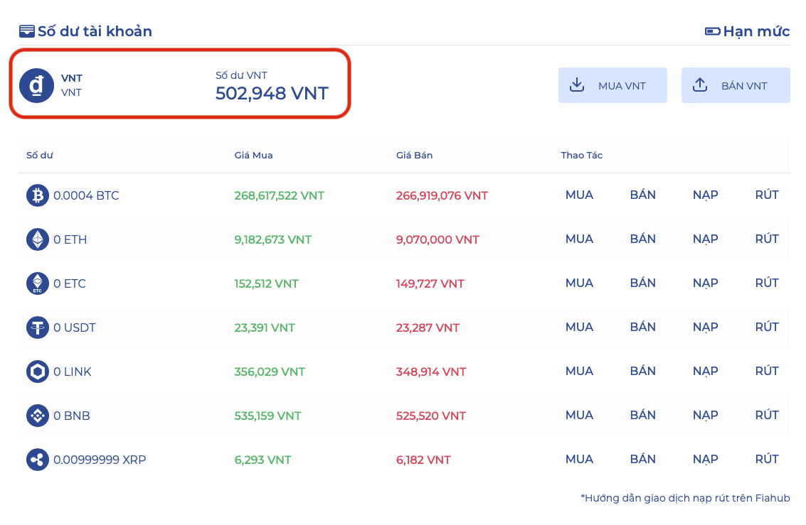 Số dư đồng VNT trong ví tại fiahub. © Ảnh chụp màn hình.