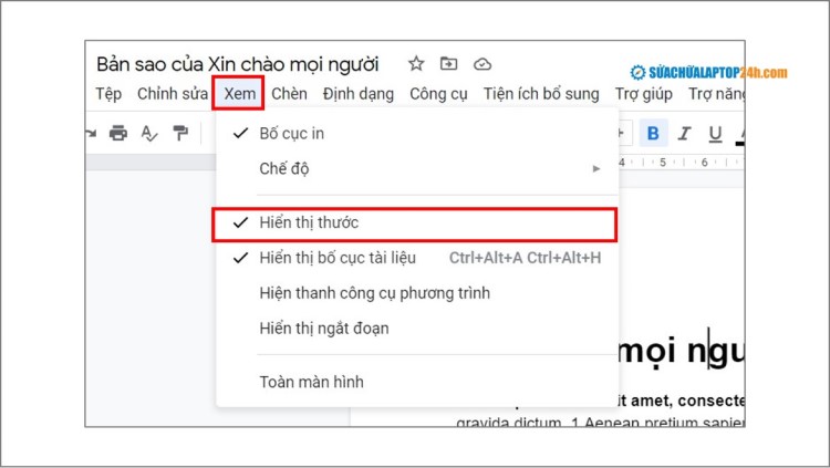 Hiển thị công cụ thước