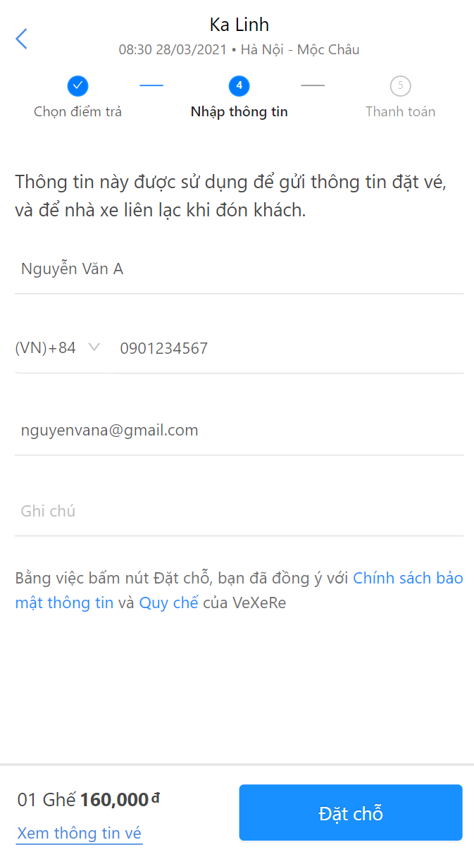 Chọn giờ, chọn chỗ, điểm đón/trả và điền đầy đủ thông tin.