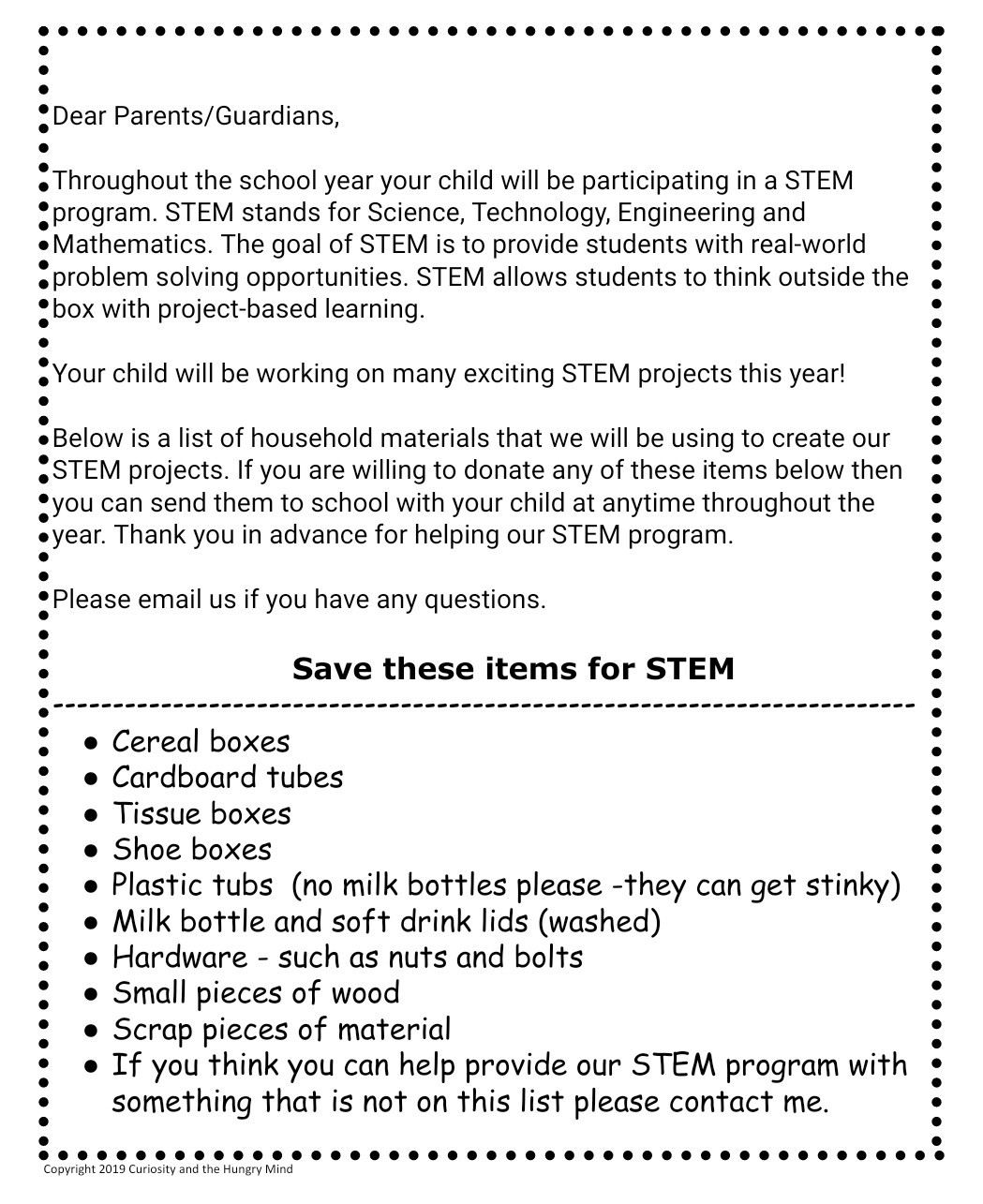 STEM materials letter to parents