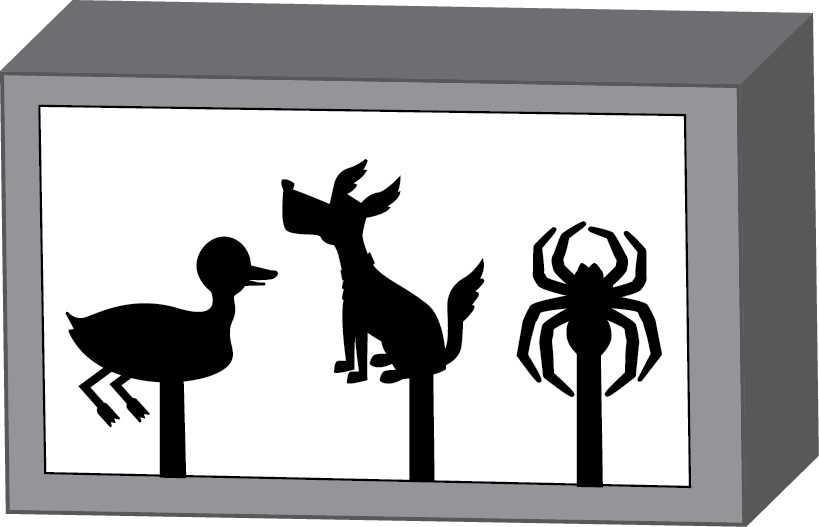A shadow puppet theater features a duck, a dog, and a spider.