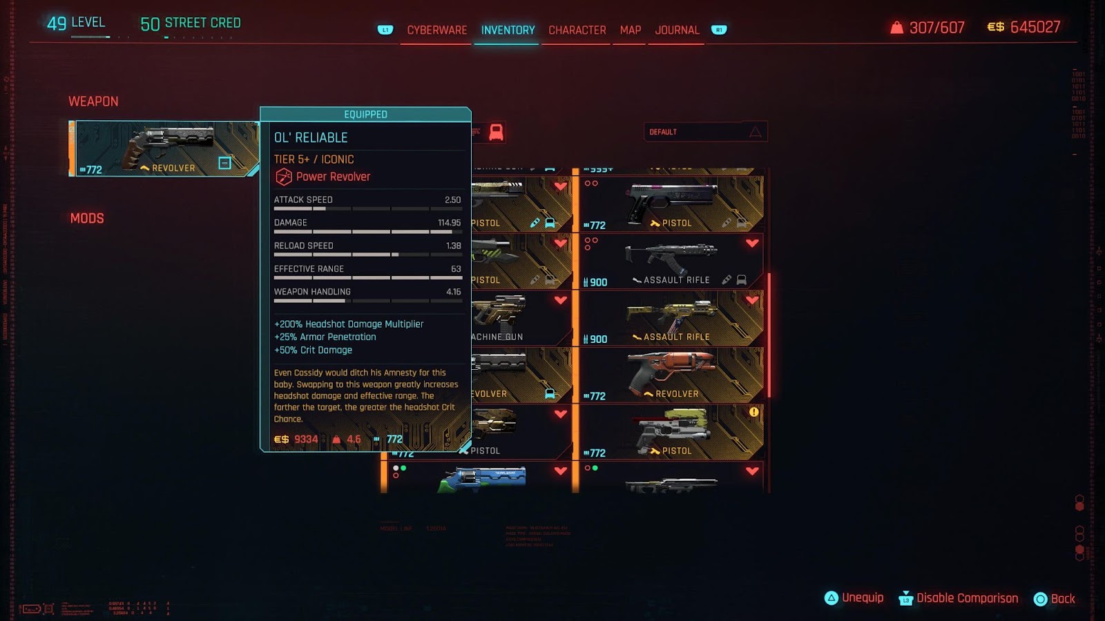 An in game screenshot of the Ol' Reliable Iconic weapon from the game Cyberpunk 2077. 