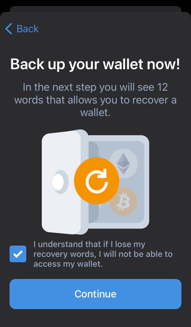 Back up tab in the Trust wallet
