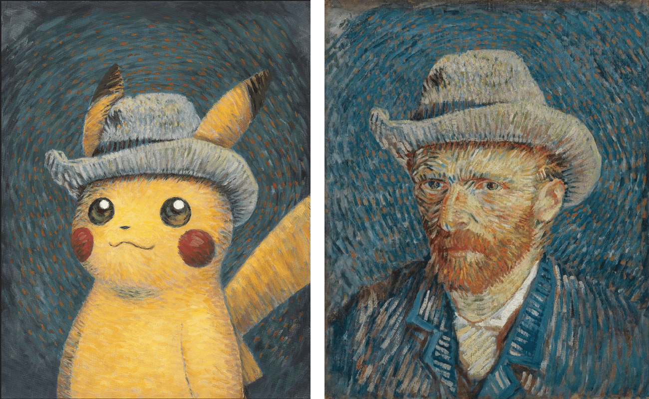 an image of Van Gogh's Self-portrait with Grey Felt Hat (1887) next to an image of Pikachu inspired by the self portrait.