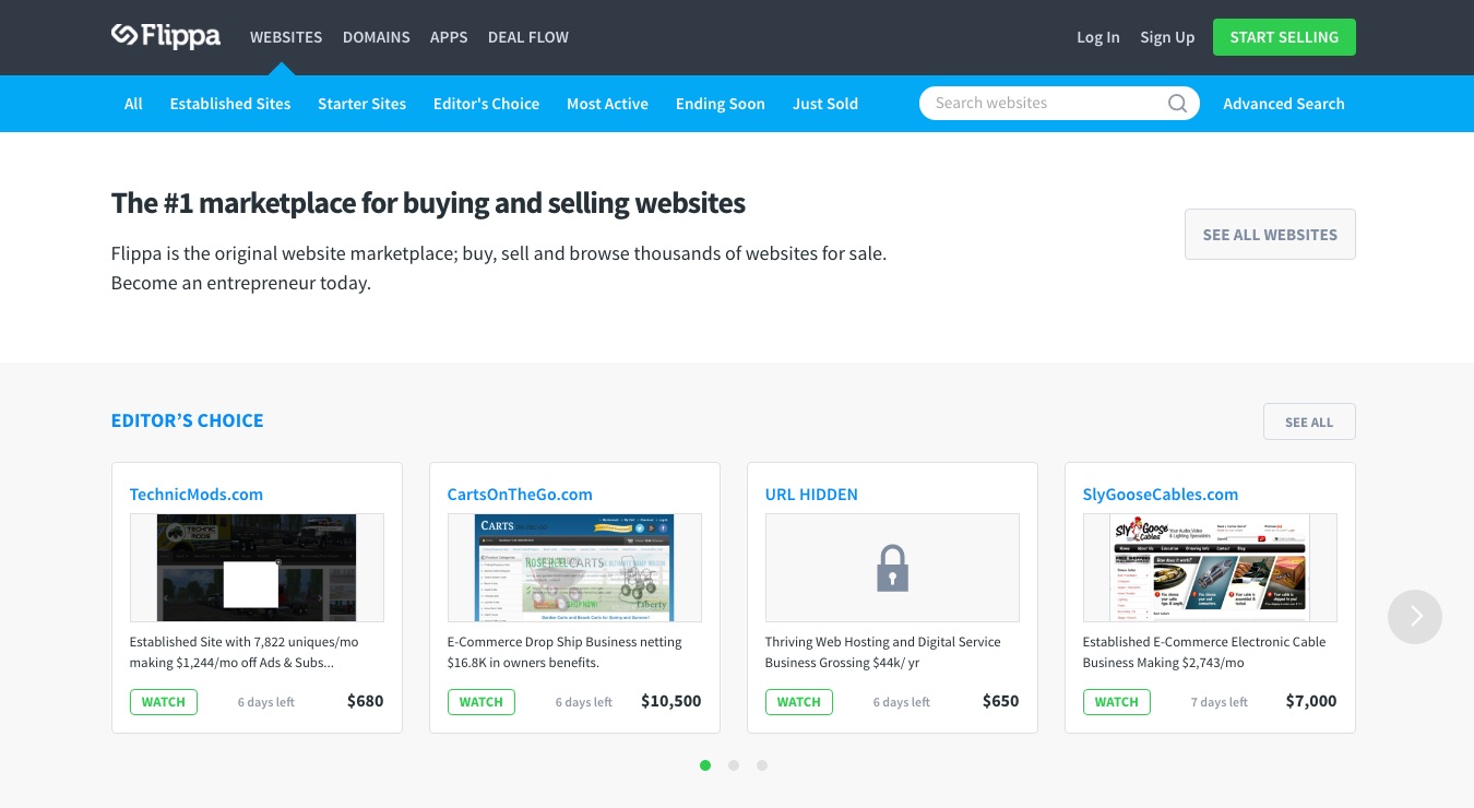 Leilões do site Flippa