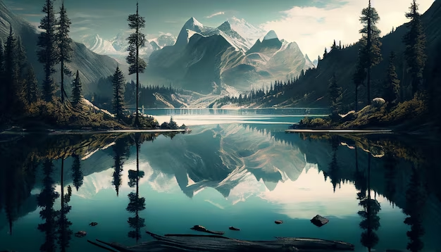 Realistic Painting of a Lake With Mesmerizing Mountain in Background