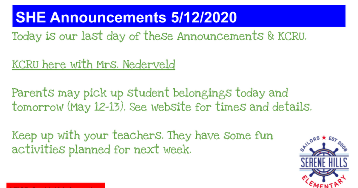 SHE Daily Announcements
