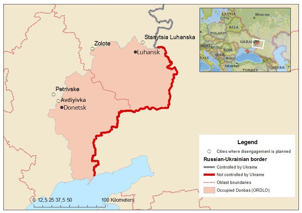 Military forces were to be disengaged in Stanytsia Luhanska, Zolote, and Petrivske after the meeting in Minsk on September 2016. Map: Euromaidan Press ~