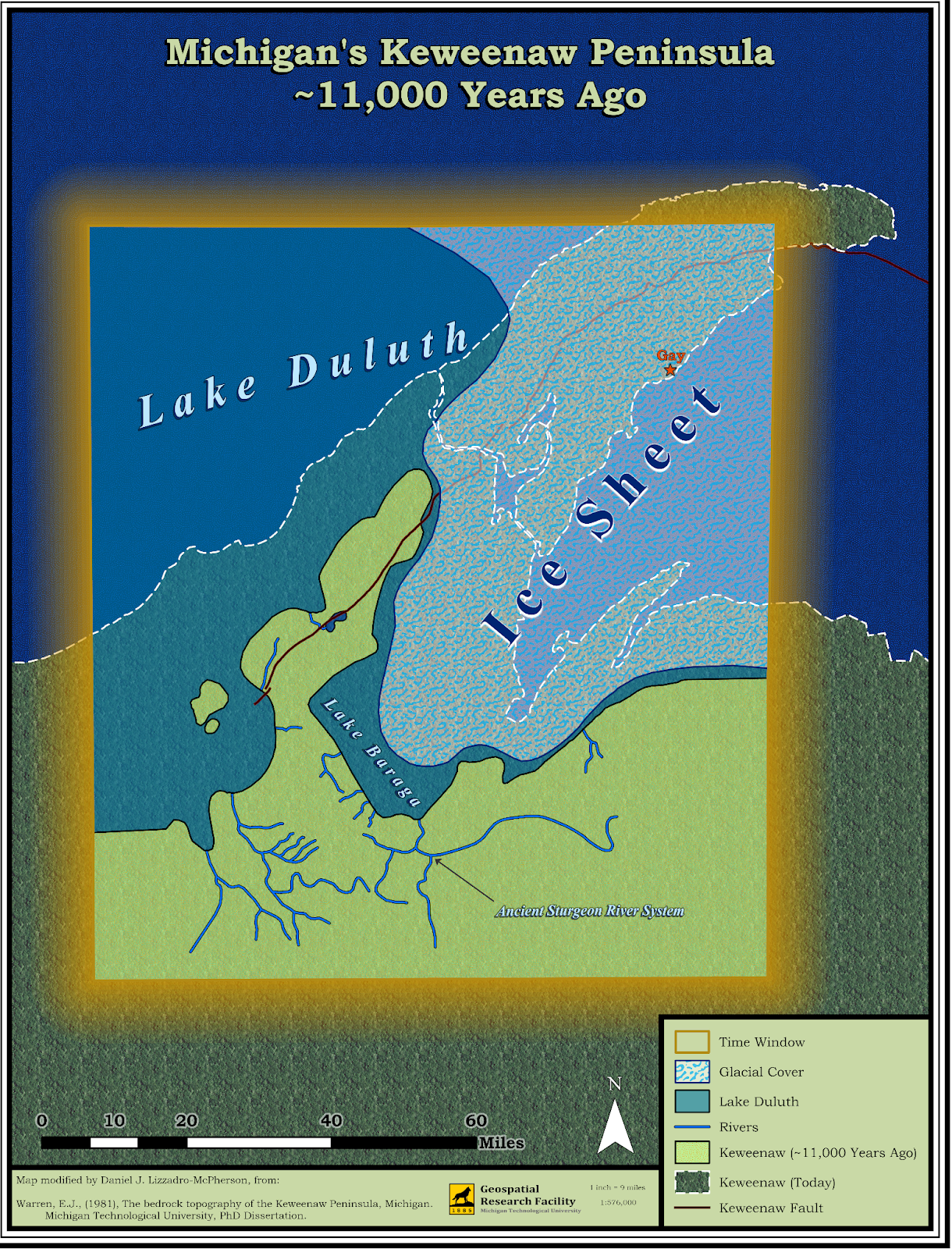 Map showing ice sheet and higher shoreline of Lake Superior