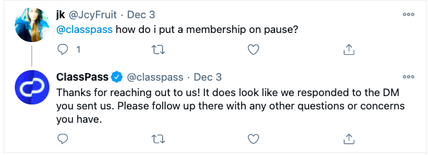 ClassPass offers help over Twitter DMs