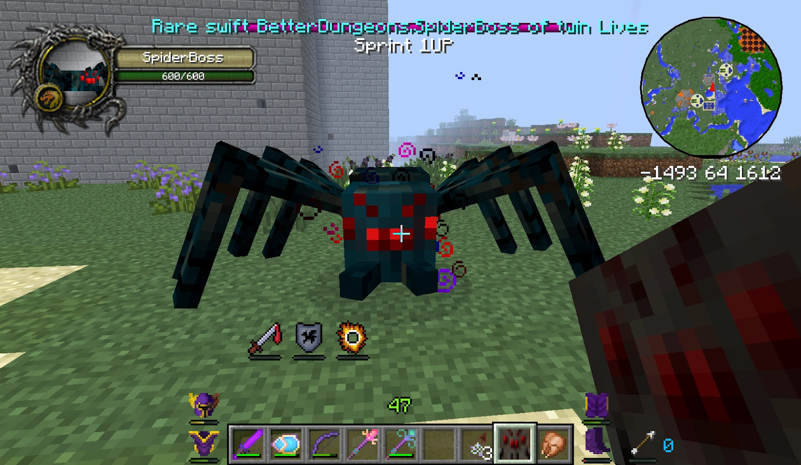 A screenshot from the modpack showing the "Spider Boss" mob, a giant poison-spider